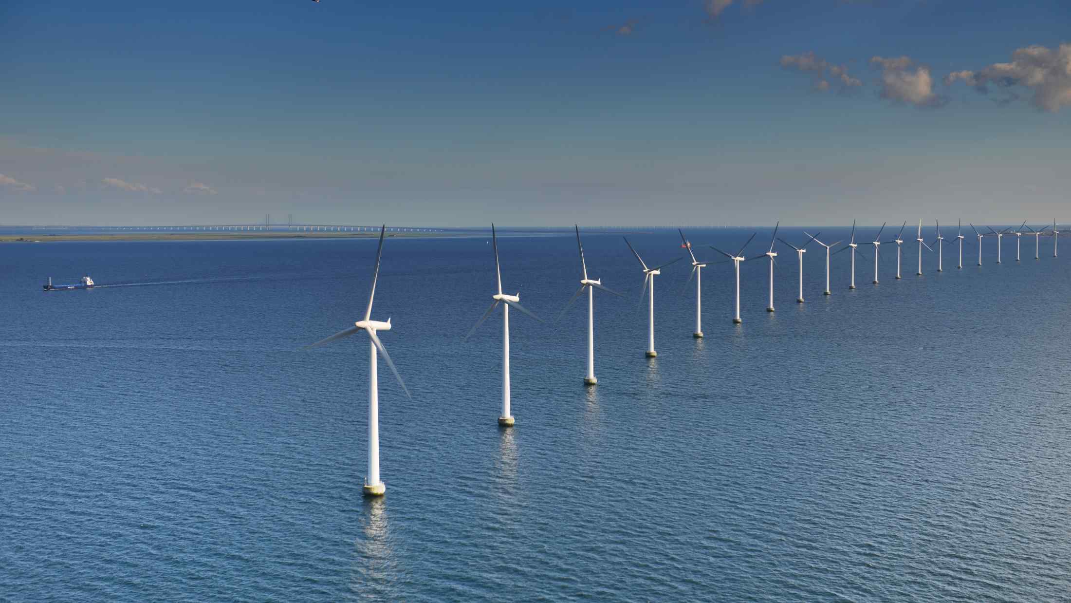 line of white wind turbines in the sea