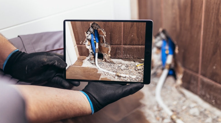 Handyman taking a photo of a damaged wall