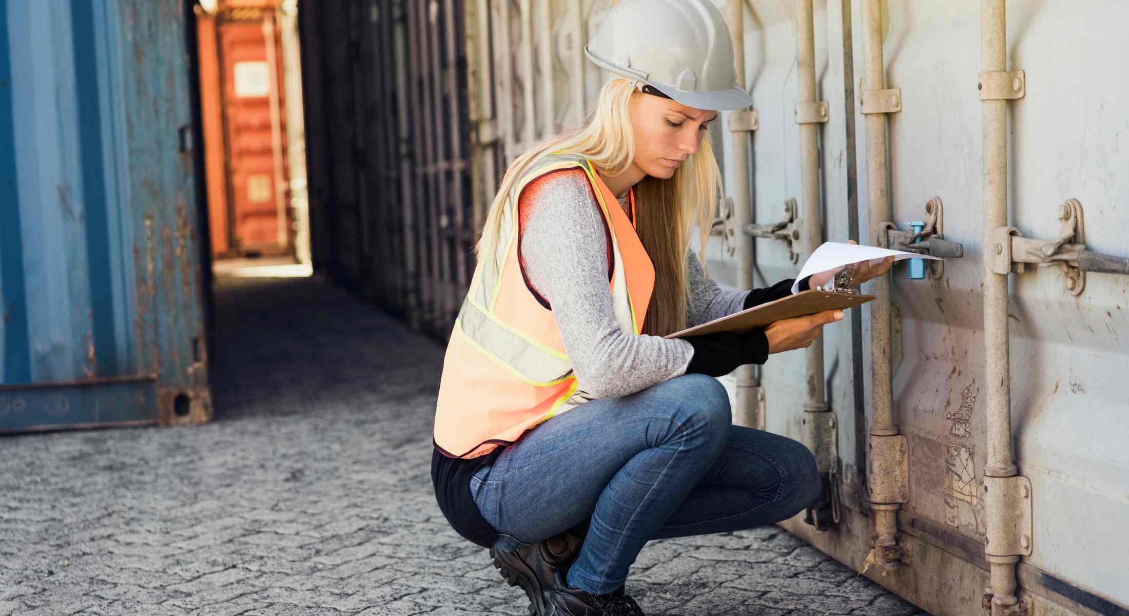 Person wearing a hard hat holding a clipboard