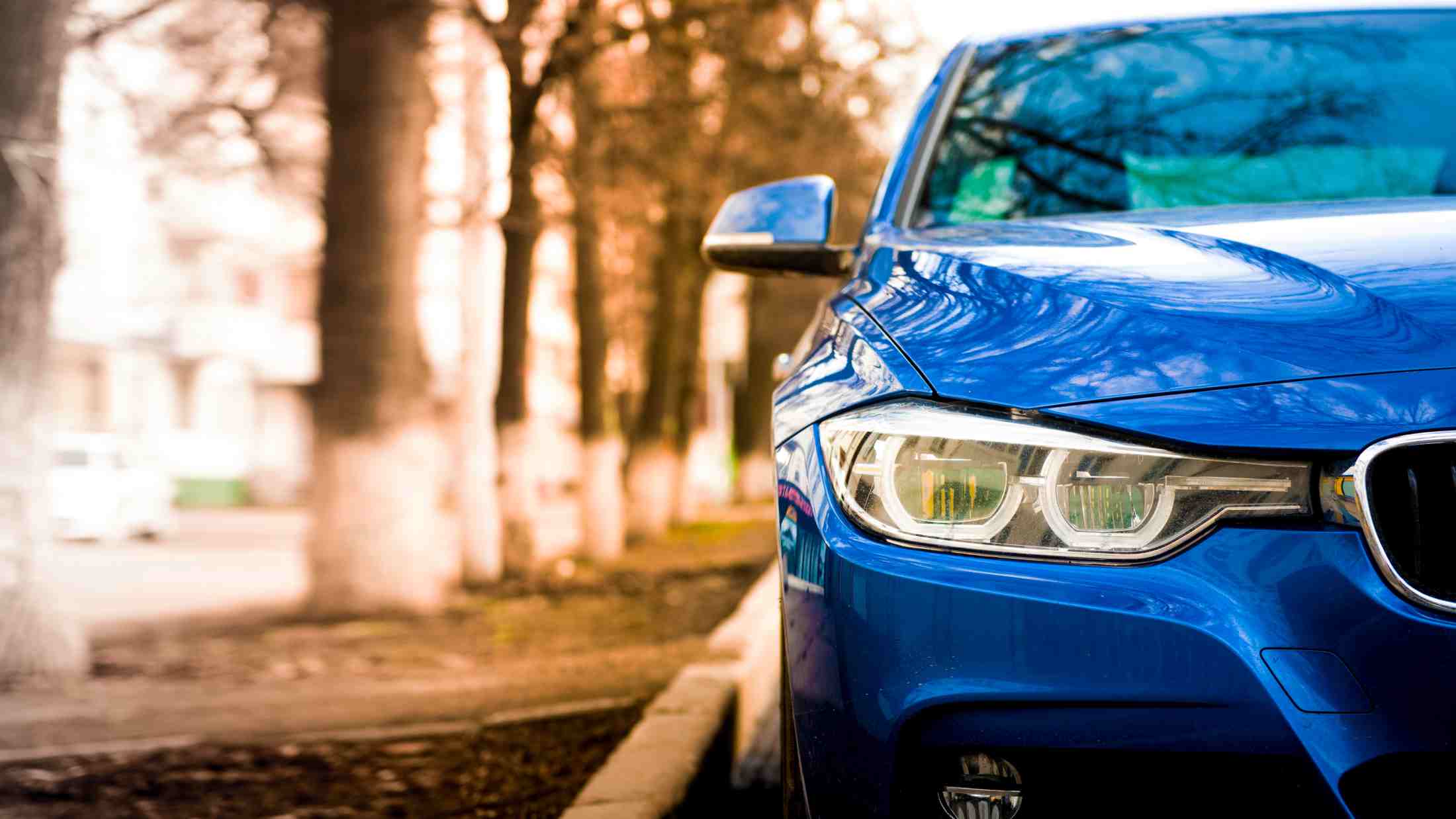 Close-up of a blue car's front parked on a tree-lined street.