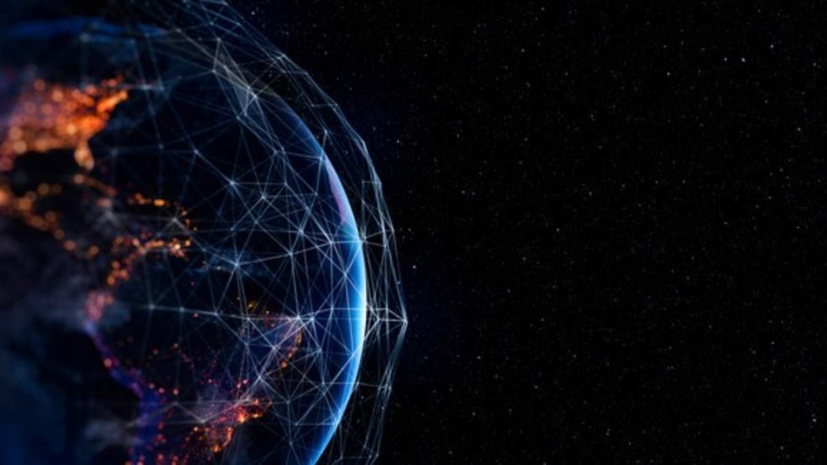 Global network connection covering the earth with lines of innovative perception