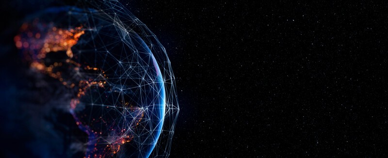 Global network connection covering the earth with lines of innovative perception