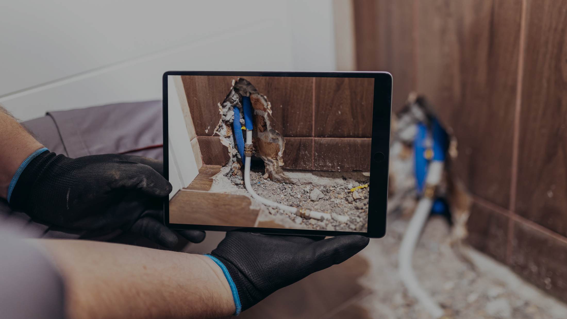 Handyman taking a photo of a damaged wall